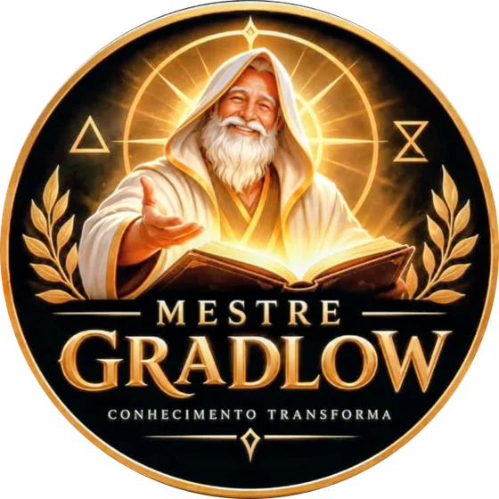 Selo do Mestre Gradlow: o mestre de capuz com um livro aberto e a frase Conhecimento transforma