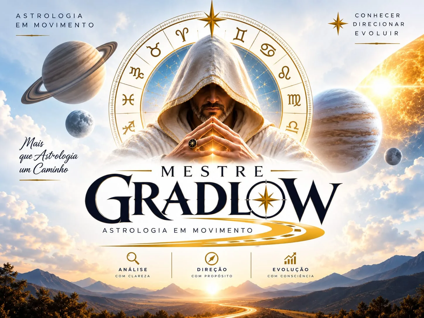 Mestre Gradlow, astrologia em movimento: o mestre de capuz diante do zodíaco e dos planetas